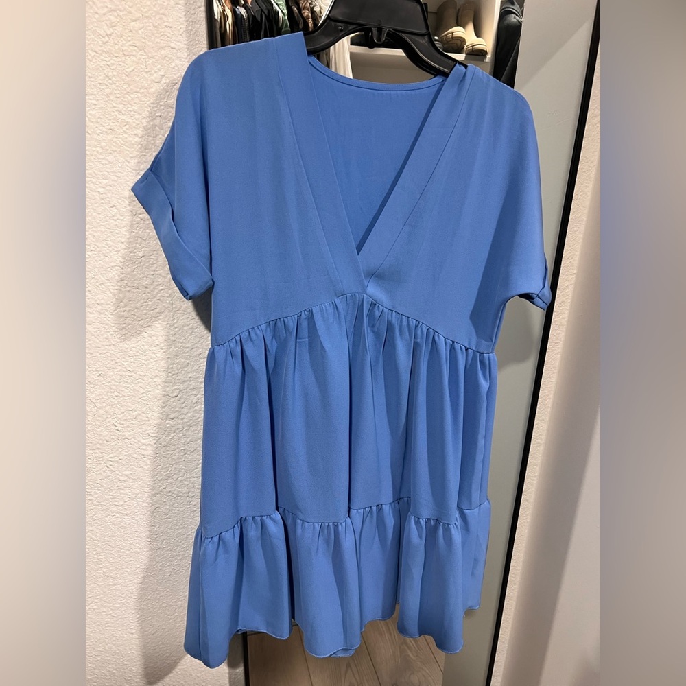 Blue V-Neck Tiered Dress